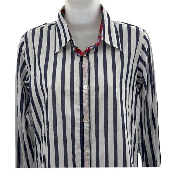 Charlotte Kellogg Stripe Shirt‎ Dress Handprinted Cotton Floral Trim Size Small - Picture 3 of 12